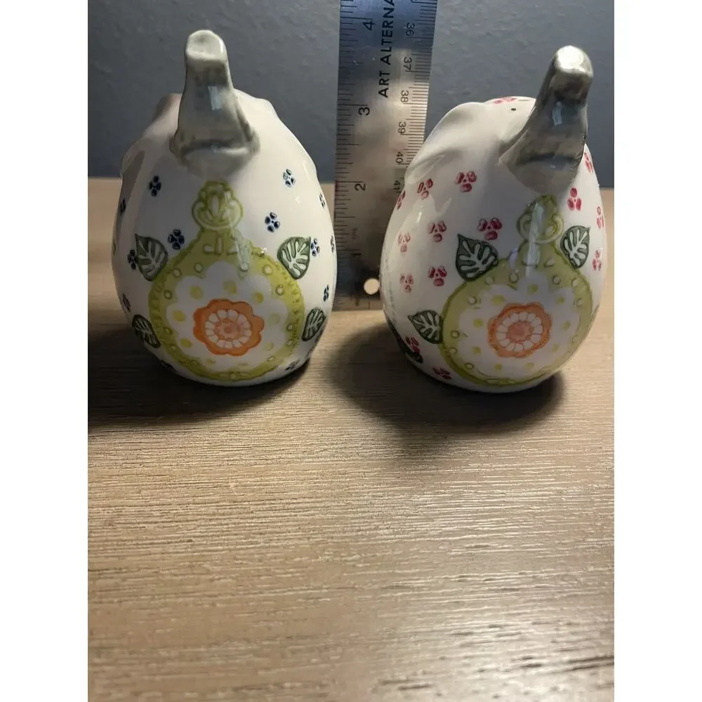 Vintage Pier 1 Imports Elephant Ceramic Floral Salt & Pepper Shakers Mandala 4”
